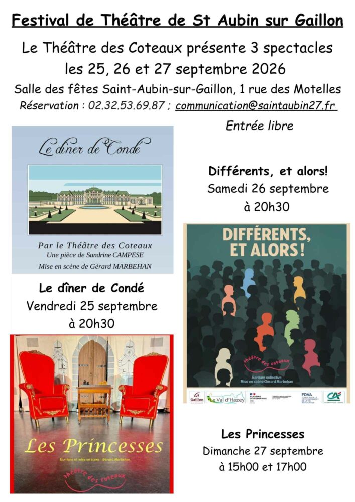 Affiche du festival théâtre de Saint-Aubin-sur-Gaillon, avec les 3 affiches des spectacles en quinconce