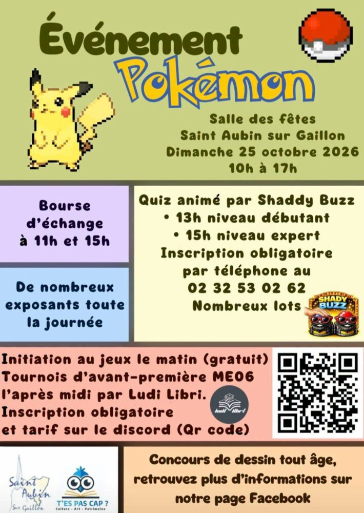Affiche de l'événement Pokémon, avec la célèbre Pokeball et Pikachu. Découpés en cases multicolores pour disposer les informations.