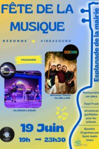 Affiche A4 pour la fête de la musique 2026 de Saint-Aubin-sur-Gaillon Fond coloré, photos des 2 groupes et informations dans le style de la musique