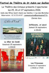 Affiche du festival théâtre de Saint-Aubin-sur-Gaillon, avec les 3 affiches des spectacles en quinconce