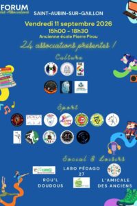 Affiche du forum des associations 2026, mettant en avant les logos des associations présentes par catégorie. Les représentations de multiples activités en couleurs sont dans les coins de l'affiche.