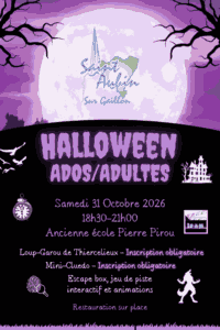 Affiche de l'halloween ados/adultes 2026, une pleine lune avec des couleurs violettes et noires. Des arbres sans feuilles, et des éléments de décor blancs (empreinte, loup-garou...)