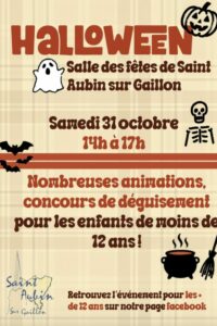 Affiche de l'halloween des enfants 2026, avec des dessins enfantins de citrouille, de fantôme...