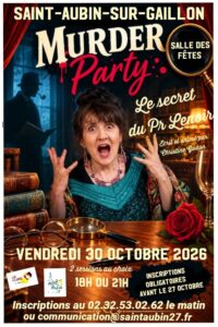 Affiche de la Murder Party du 30 octobre 2026. Une femme effrayée au premier plan, dans un décor du XIXème siècle avec des éléments d'enquête.