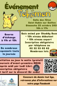 Affiche de l'événement Pokémon, avec la célèbre Pokeball et Pikachu. Découpés en cases multicolores pour disposer les informations.