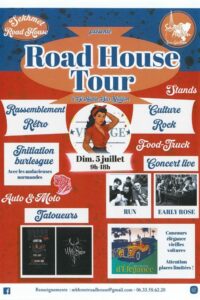 Affiche de présentation du Road House Tour au style rétro américain aux tons rouges et bleus